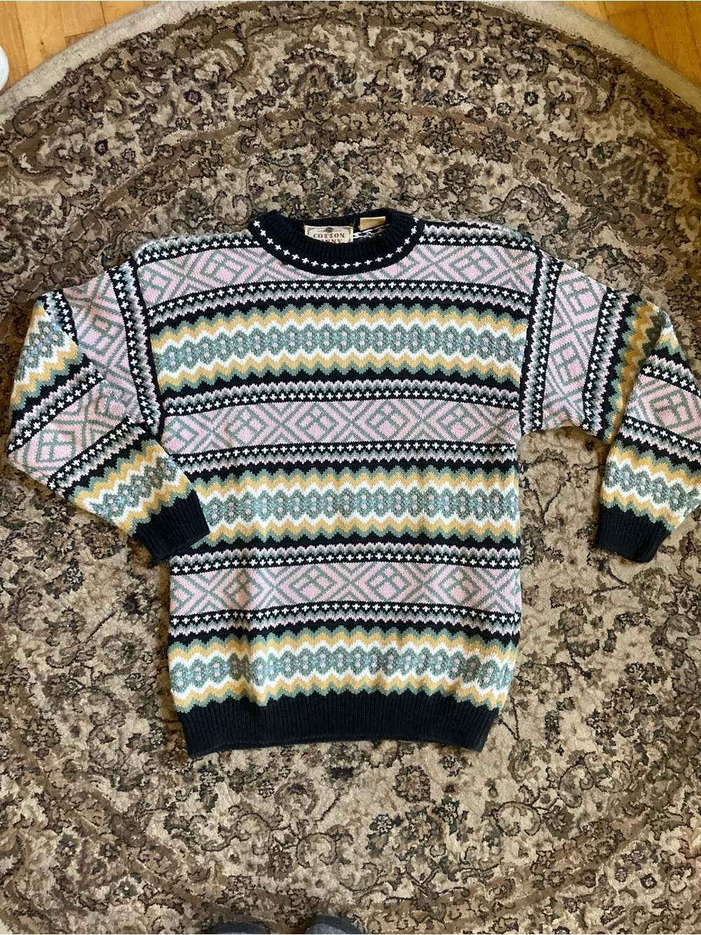 VINTAGE Cotton Ginny Fair Isle Knit Sweater Size M/L Cotton Geometric Pattern